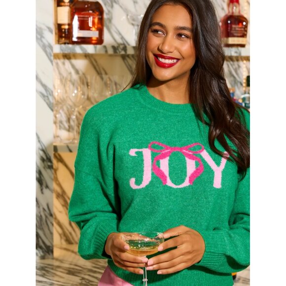 NWT Shiraleah Joy Sweater Size Small, Green Holiday Pullover with Pink Bow - Picture 2 of 12